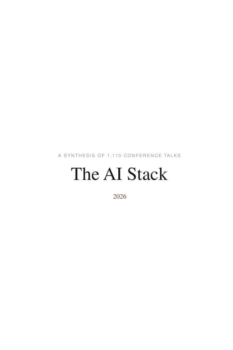 Half-title of The AI Stack 2026, set small on a plain white page above the words “a synthesis of 1,110 conference talks”.